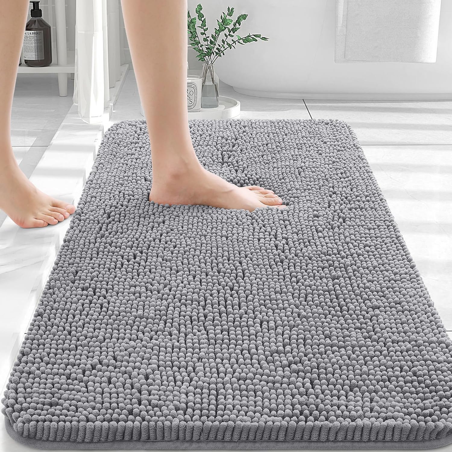 OLANLY Bathroom Rug 30 x 20 Inch, Super Soft and Absorbent Chenille Bathroom Rug, Rubber Backing Quick Dry, Machine Washable Bath Mat for Bathroom Floors, Tubs and Showers, Home Decor Accessory, Gray