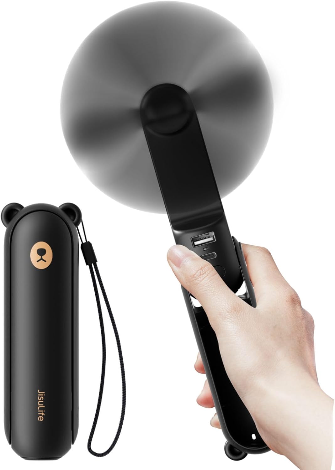 JISULIFE Handheld Fan 4500 mAh Power Bank Max Run Time 37 Hours Pocket Portable Battery Powered or USB Powered Folding Personal Fan 3 Speeds Holiday Gift for Women Men Kids Black