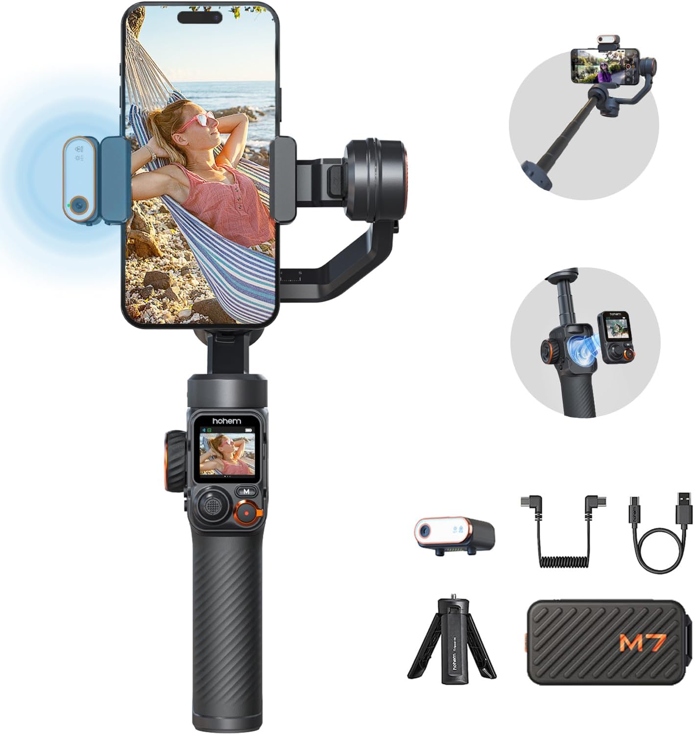 Hohem iSteady M7 Gimbal Stabilizer for Smartphones, Magnetic AI Tracker Fill Light, Detachable Touchscreen Remote Control, Built-in Extension Pole, 500g Payload Gimbal Stabilizer for iPhone Android